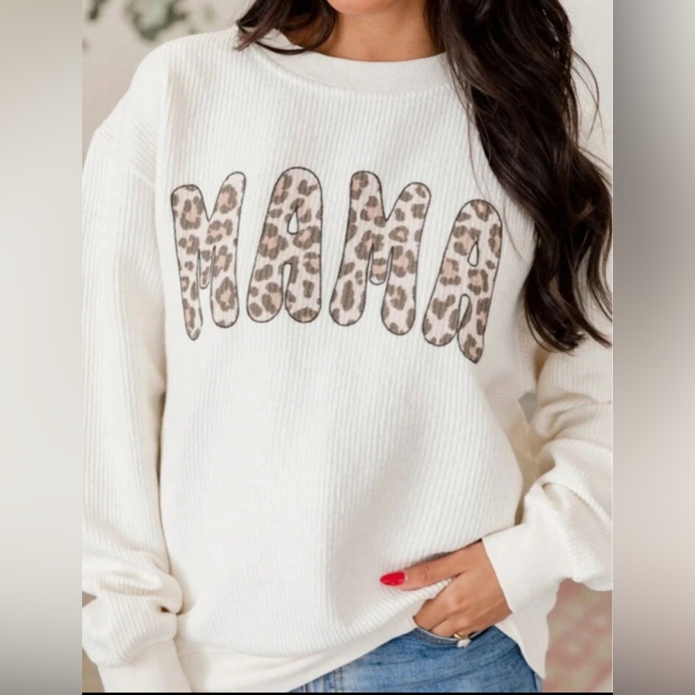Pink Lily White Sweater with Leopard 'MAMA' Design medium